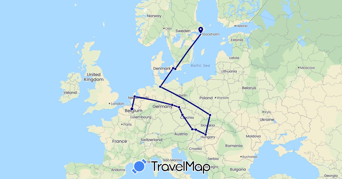 TravelMap itinerary: driving in Austria, Belgium, Czech Republic, Germany, Denmark, Hungary, Netherlands, Poland, Sweden, Slovakia (Europe)
